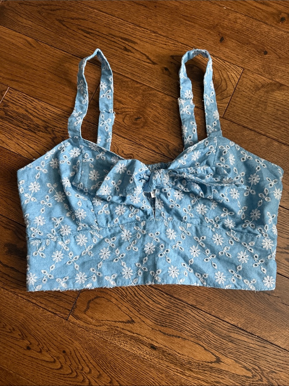 Unique Vintage Chambray Eyelet Smocked Crop Top